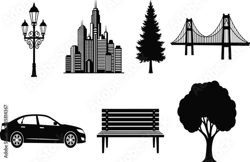Set of black urban silhouettes featuring city skyscrapers bridge street lamp car park bench and trees for modern landscape vector designs