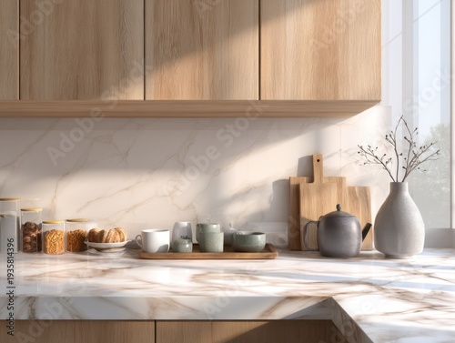 Sunlight glows softly on wooden cabinets. Marble countertop reflects warm, natural light. Simple kitchen scene feels calm and inviting. Minimalist arrangement includes teapot and jars