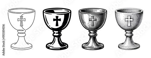 Set of four Christian chalices with crosses, each rendered in a distinct artistic style including line art, silhouette, engraving, and stippling for religious symbolism