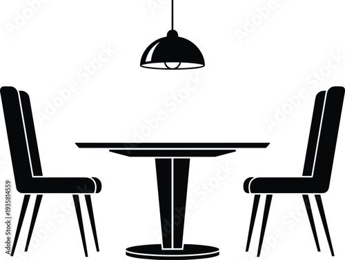 Black silhouette of modern dining table with two chairs and hanging pendant lamp isolated on white background for interior design vector illustration