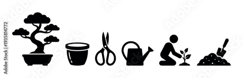 Set of black minimalist gardening icons for plant care, featuring a bonsai tree, flowerpot, scissors, watering can, a person planting a sprout, and a pile of soil with a trowel