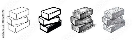 Set of four brick stack illustrations in different artistic styles including simple line art, bold silhouette, classic engraving, and modern stippling for design elements