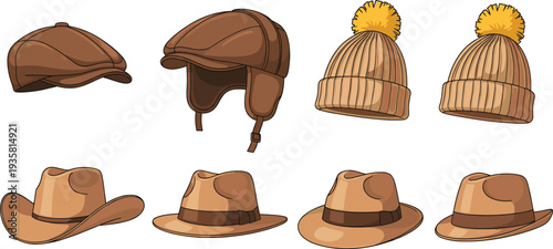 Collection of eight brown hats including winter caps, trapper hat, knit beanies, cowboy hat, and fedora variations, perfect for fashion design, headwear illustration, and style concepts.