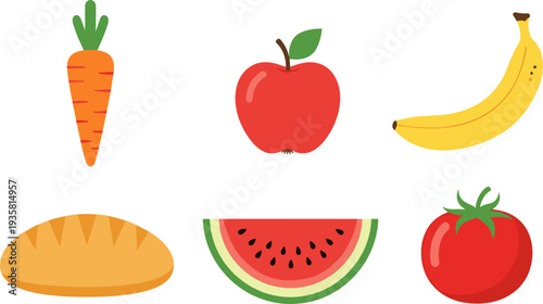 Healthy Food Icon Set with Carrot, Apple, Banana, Tomato, Watermelon and Bread for Nutrition, Grocery, Organic Diet and Fresh Produce Illustration