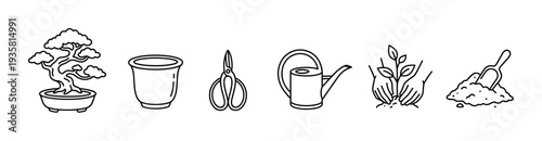 Set of six gardening and plant care icons in a minimalist black line art style showing a bonsai tree, pot, shears, watering can, seedling, and soil with a trowel