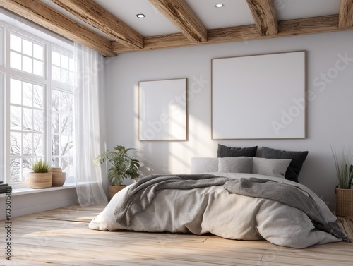 Cozy bedroom with wooden beams and soft lighting. Large window lets in natural daylight. Neutral bedding adds warmth and comfort. Two framed wall spaces for decor