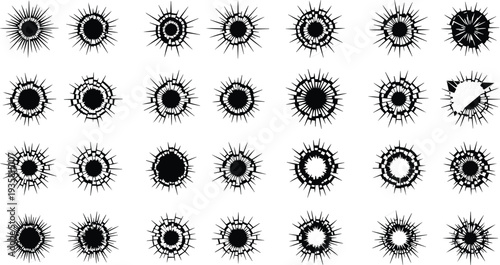 Collection of black bullet hole silhouettes and shattered glass crack effects isolated on white background for crime and action designs
