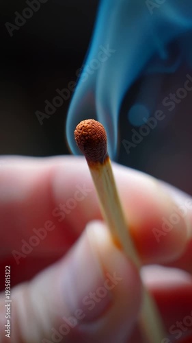 Hand holding burning match with blue smoke