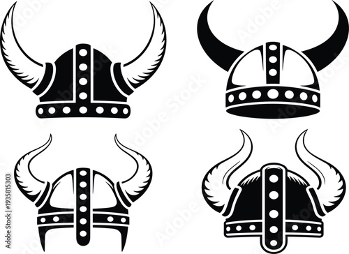 Viking warrior helmet vector set with traditional horns, medieval armor, and northern barbarian tribal decorative elements