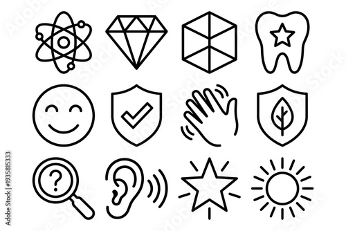Vector Icon Set: Science, Diamond, Cube, Tooth, Smile, Shield, Hand, Leaf, Magnifying Glass, Ear, Star, Sun