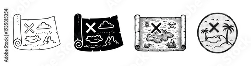 Set of four pirate treasure map icons in various artistic styles including line art, silhouette, detailed engraving, and pixelated halftone for adventure or navigation themes