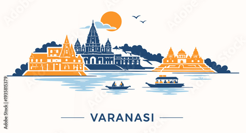 Varanasi India Skyline with Ganges River and Temples Flat Vector Illustration