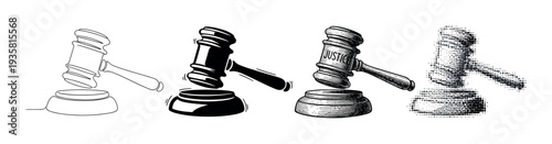 Set of four judge's gavels and sounding blocks shown in various artistic styles, including continuous line, silhouette, engraved sketch, and halftone dot pattern