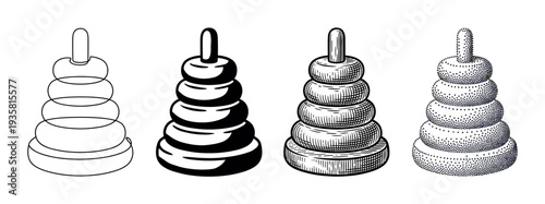 Set of four stacking ring toys illustrated in different black and white artistic styles, including line art, silhouette, engraving, and stippling for a vintage look