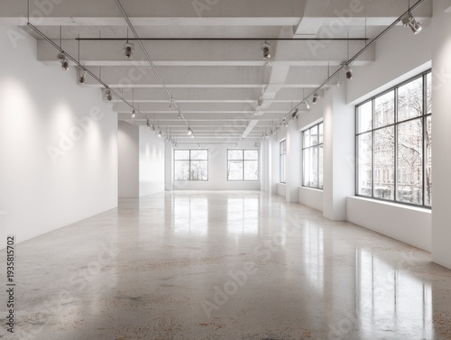 Empty white room with polished concrete floor. Large windows let in ample natural light. Exposed ceiling beams and track lighting fixtures. Clean, minimalist space ready for design or display