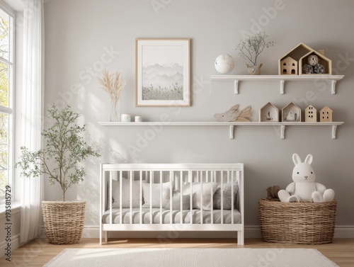 Minimalist nursery with soft lighting. White crib sits centered against pale walls. Woven baskets hold plush toy and plant. Shelves display decorative houses and art