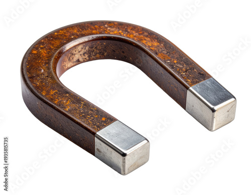 A close-up studio shot of an aged, U-shaped horseshoe magnet against a black background.