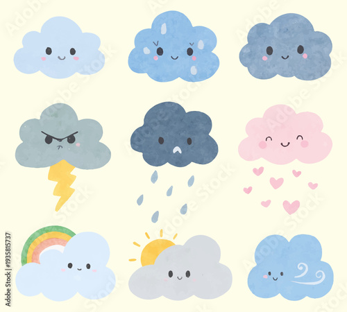 Cartoon Weather Clouds Vector Set with Cute Expressions