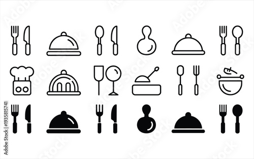 Restaurant Icons Collection: Utensils Plates Chef Hat and Bowls in Line Art Style