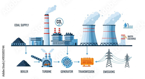 Coal power plant diagram illustrating the process of electricity generation.