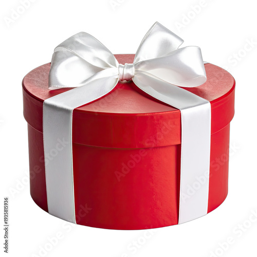 Vibrant Red Round Gift Box Adorned with a Lustrous White Satin Bow and Ribbon
