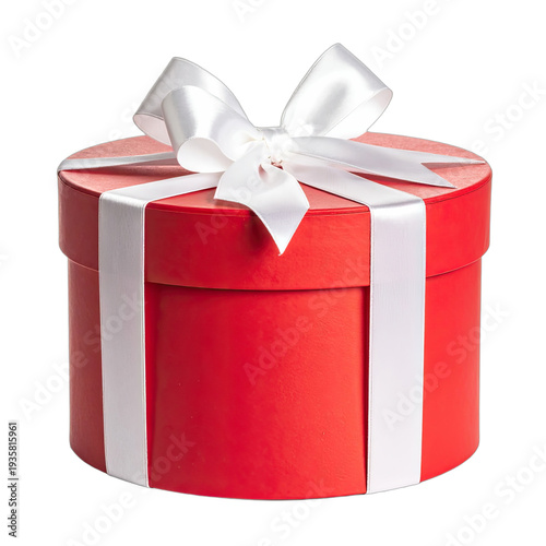 A bright red round gift box with a white satin ribbon and bow against a black background.
