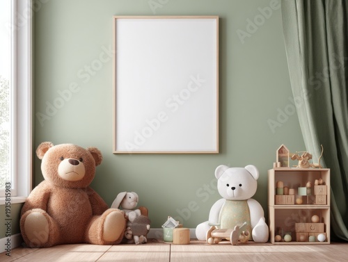 Cozy child's room with soft green walls. Wooden frame hangs above plush toys. Brown and white bears sit beside a toy shelf. Natural light streams through the window