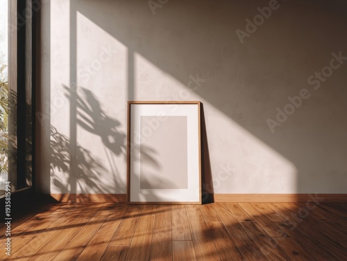 Sunlight casts leaf shadows on a wooden floor. Framed blank canvas leans against a textured wall. Soft rays highlight the frame's clean lines and warm tones
