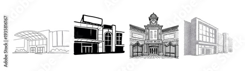 Four black and white building facade illustrations showcasing diverse architectural styles and artistic techniques from simple line art to detailed ink drawing and stippling