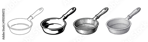 Set of four saucepan illustrations showing different artistic styles from simple line art and bold ink to detailed engraving and vintage halftone dot patterns