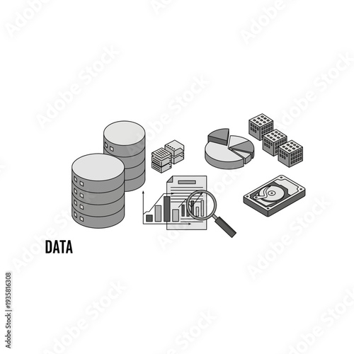 Data Analytics & Storage Isometric Icons: Database, Reports, Hard Drive