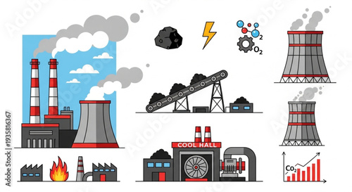 Coal power plant industrial complex with cooling towers and smoke stacks.