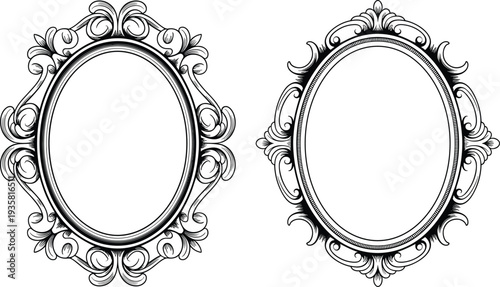 Vintage oval mirror frames vector set with decorative ornate borders and royal antique Victorian style patterns