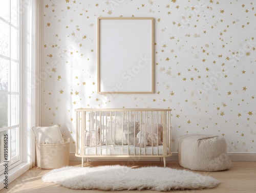 Soft golden stars dot the walls. Wooden crib sits center stage. Blank frame hangs above the crib. Rustic woven basket rests beside. Fluffy rug anchors the floor