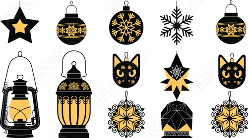 Collection of Christmas ornaments including black and gold lanterns, snowflakes, stars, and cat head baubles, festive holiday decoration vector icons isolated on white.
