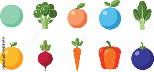 Colorful flat vector icon set of fresh fruits and vegetables including broccoli orange carrot beet pepper and tomato isolated on white background.