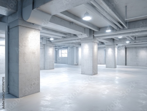 Clean concrete pillars support the industrial ceiling. White floors reflect overhead lights brightly. Exposed pipes and beams create raw architecture. Space is vast, empty, and uncluttered