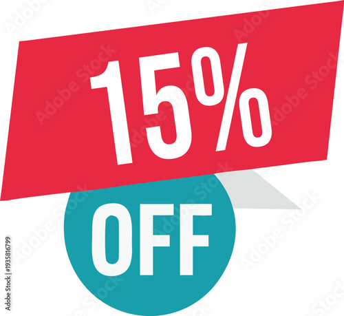 15% off promotion vector illustration, modern discount banner design, special sale offer label, colorful price tag sticker, isolated on white background, editable and scalable graphic