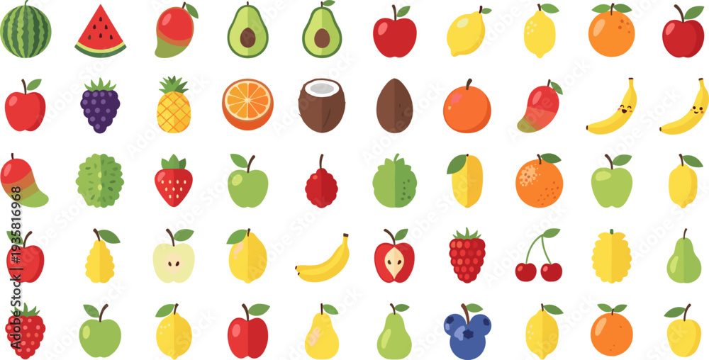 Naklejka premium Large Colorful Fruit Icon Set Featuring Apple, Banana, Mango, Pineapple, Grapes, Lemon, Orange, Avocado and Tropical Fruits for Healthy Food Design