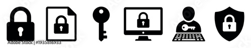 Set of black security icons representing cybersecurity, data protection, privacy, and user authentication with simple glyphs of a padlock, key, shield, and computer