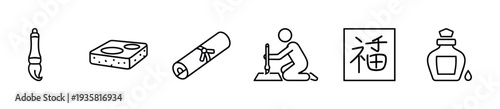 Set of Asian calligraphy linear icons showing a brush, inkstone, scroll, calligrapher, hieroglyph, and ink bottle in a minimalist hand-drawn style for creative concepts