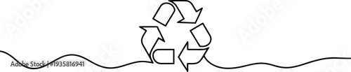 A flowing single black line outlines the universal recycling symbol with three arrows on a white background