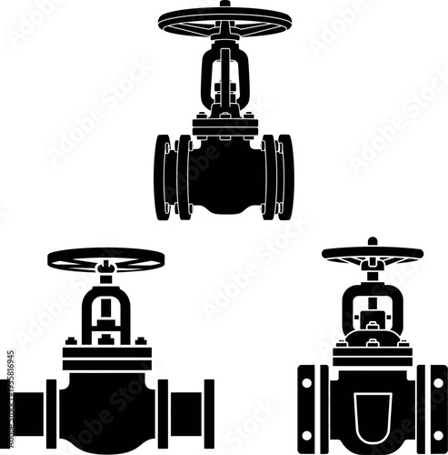 Industrial Water and Gas Valve Icon Set - Gate, Globe, and Check Valve Vector Illustrations for Engineering and Plumbing.
