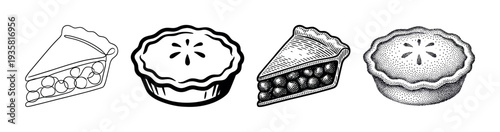 Set of four black pie illustrations showing whole pies and slices in various artistic styles like line art, engraving, stippling, and bold graphic design for bakery concepts