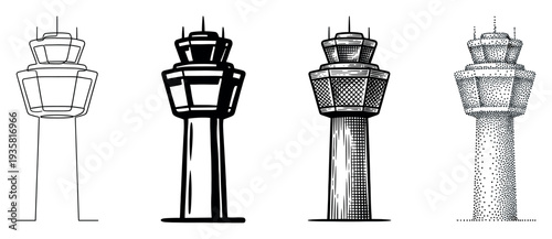 Four airport air traffic control tower illustrations in different artistic styles, including line art, silhouette, hatching, and stippling, showing a collection of graphic design elements