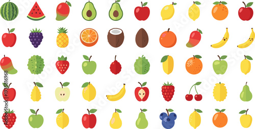 Large Colorful Fruit Icon Set Featuring Apple, Banana, Mango, Pineapple, Grapes, Lemon, Orange, Avocado and Tropical Fruits for Healthy Food Design