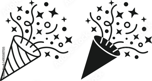 Party popper icon set with confetti and streamers