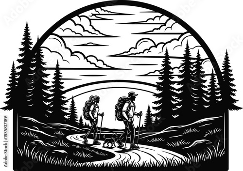 Black and white hiking illustration, couple trekking in pine forest with dog, outdoor adventure landscape for mountain camping travel designs