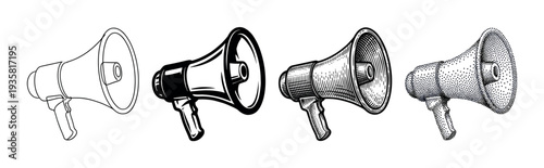 Set of four megaphone illustrations presented in various artistic styles, including simple line art, bold graphic icon, vintage engraving, and detailed stippling dotwork