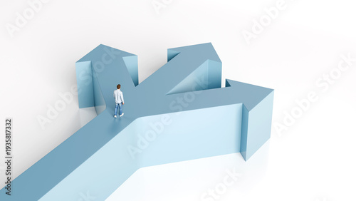 Fotografija Man walking on an elevated pathway toward a crossroads with three arrows pointin